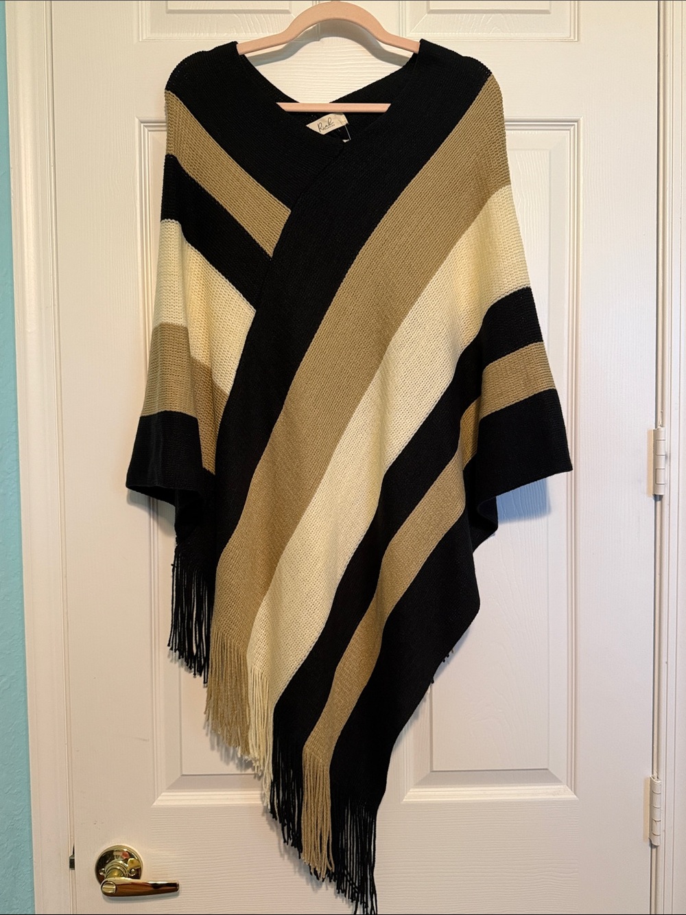 Striped V-Neck Fringe Poncho in Black, Cream & Tan